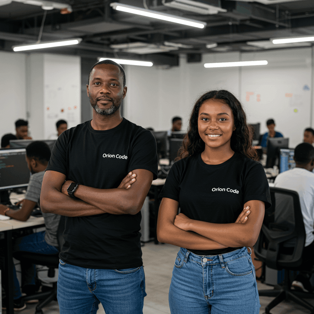 Equipa OrionCodeTech no escritório em Maputo, preparada para desenvolver websites, apps e integrações